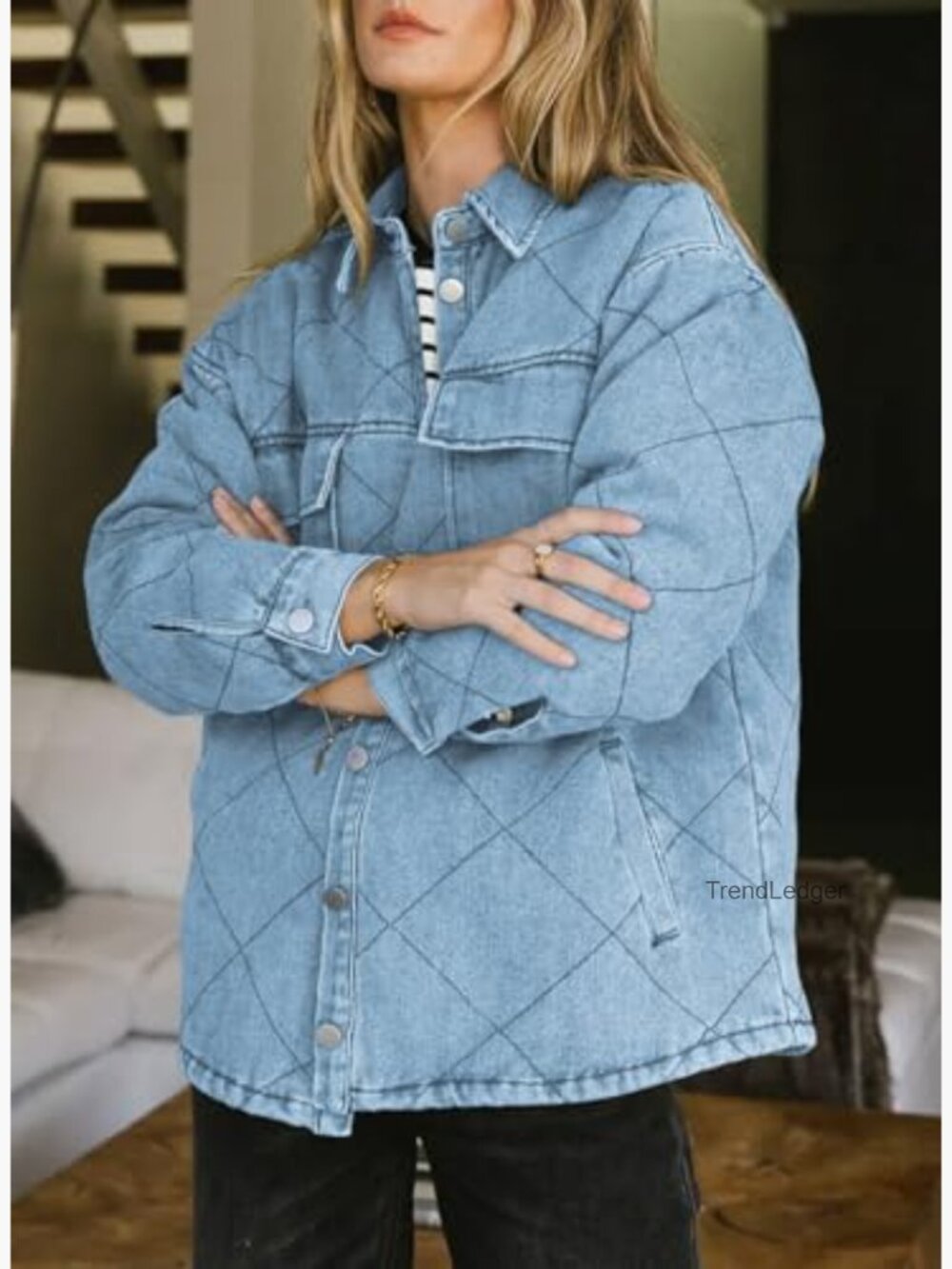 Oversized Denim Shacket with Pockets Relaxed Fit Button Down Coat - Picture 3 of 6